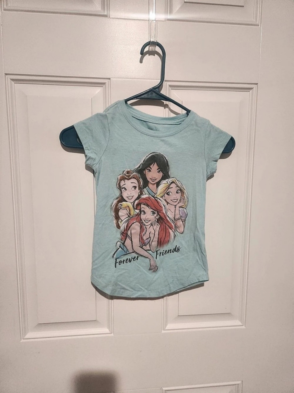 Disney Princess Girls XS Light Blue Graphic Tee Ariel Belle Mulan Rapunzel